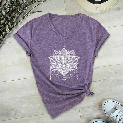 Olivenorma Lotus Printed V-Neck T-Shirt - Purple - 2XL - image 25