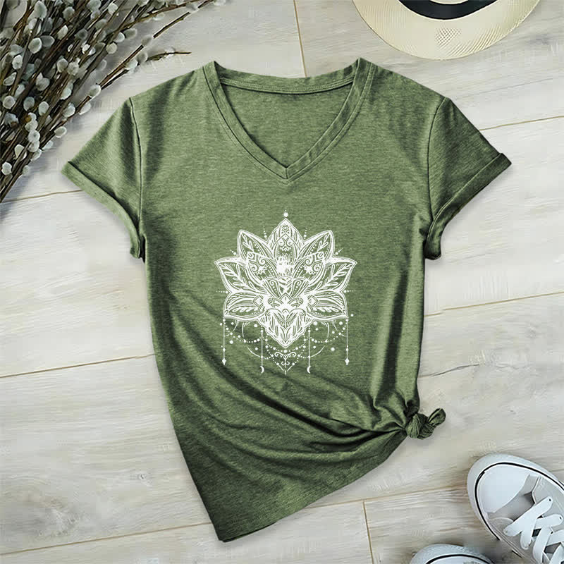 Olivenorma Lotus Printed V-Neck T-Shirt - Olive Green - 2XL - image 9