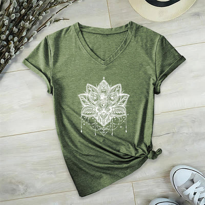 Olivenorma Lotus Printed V-Neck T-Shirt - Olive Green - 2XL - image 9