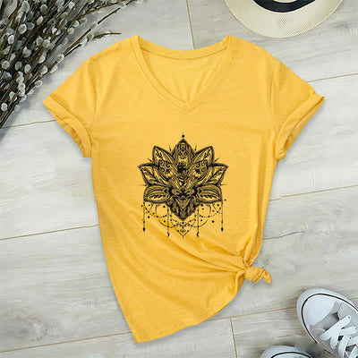 Olivenorma Lotus Printed V-Neck T-Shirt - Yellow - 2XL - image 17