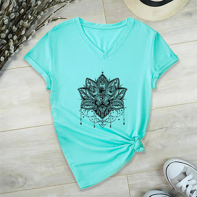 Olivenorma Lotus Printed V-Neck T-Shirt - Lake Blue - 2XL - image 23
