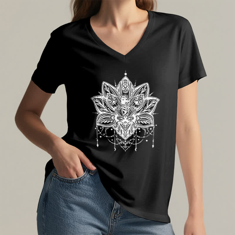 Olivenorma Lotus Printed V-Neck T-Shirt - image 14