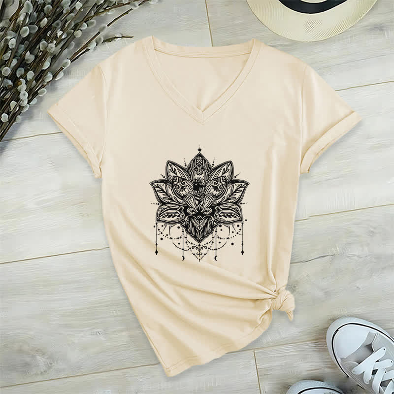 Olivenorma Lotus Printed V-Neck T-Shirt - Khaki - 2XL - image 21
