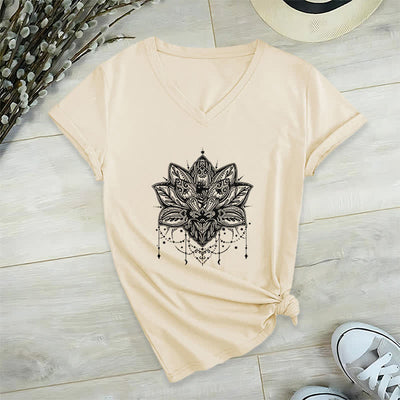 Olivenorma Lotus Printed V-Neck T-Shirt - Khaki - 2XL - image 21