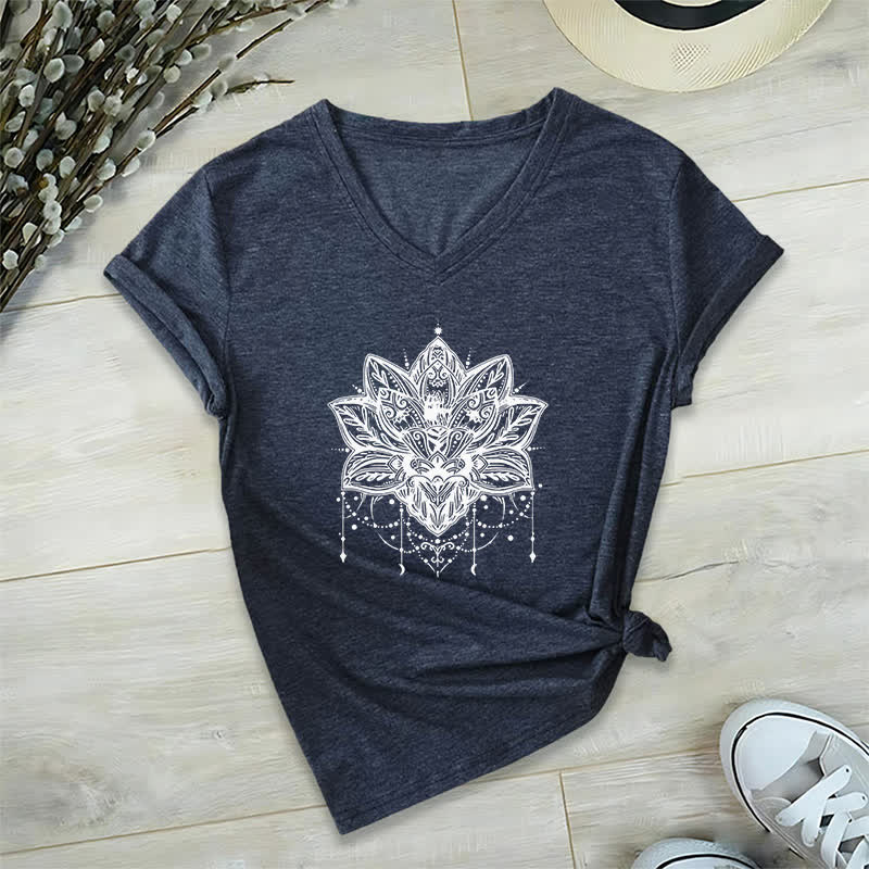 Olivenorma Lotus Printed V-Neck T-Shirt - Navy Blue - 2XL - image 5