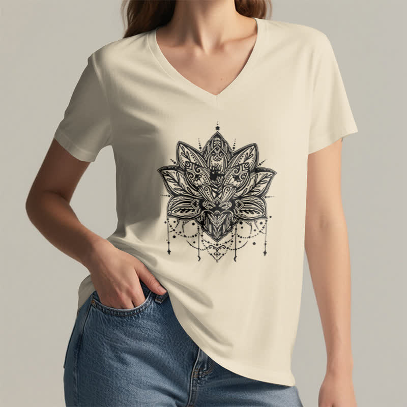 Olivenorma Lotus Printed V-Neck T-Shirt - image 22