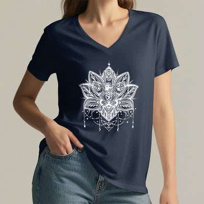 Olivenorma Lotus Printed V-Neck T-Shirt - image 6
