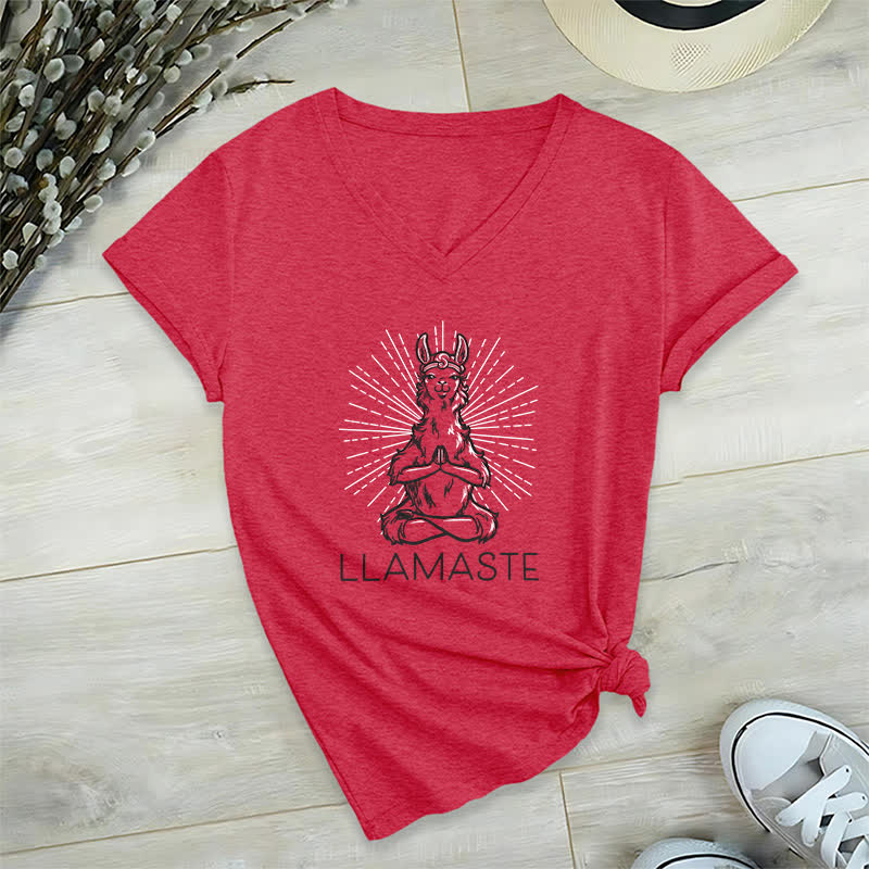 Olivenorma Funny Yoga Llama Namaste Workout V-Neck T-Shirt - Red - 2XL - image 14