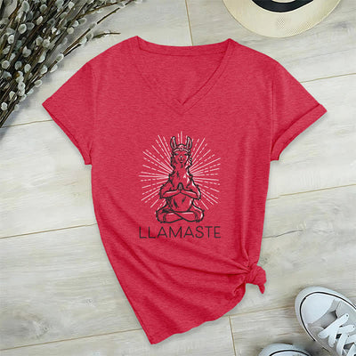 Olivenorma Funny Yoga Llama Namaste Workout V-Neck T-Shirt - Red - 2XL - image 14