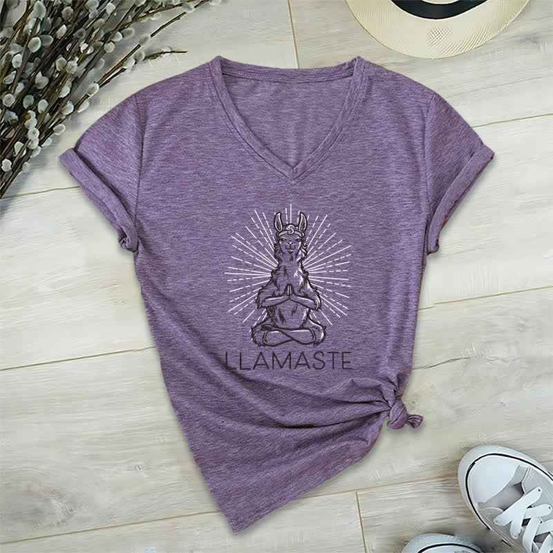 Olivenorma Funny Yoga Llama Namaste Workout V-Neck T-Shirt - Purple - 2XL - image 26
