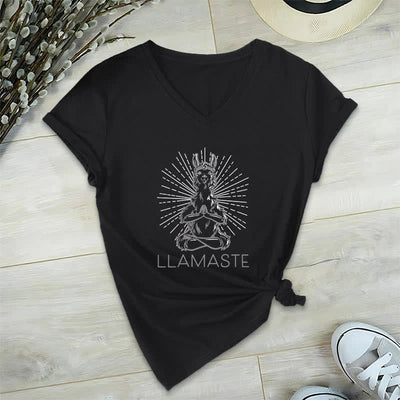 Olivenorma Funny Yoga Llama Namaste Workout V-Neck T-Shirt - Black - 2XL - image 12