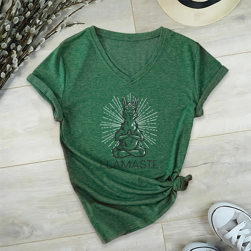 Olivenorma Funny Yoga Llama Namaste Workout V-Neck T-Shirt - Dark Green - 2XL - image 6