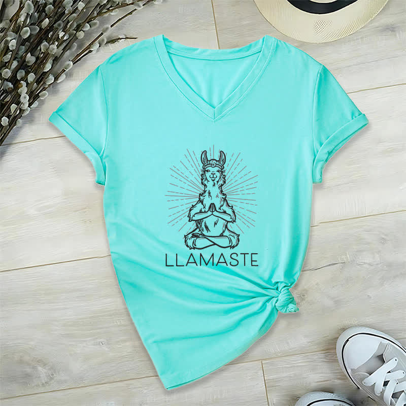 Olivenorma Funny Yoga Llama Namaste Workout V-Neck T-Shirt - Lake Blue - 2XL - image 24