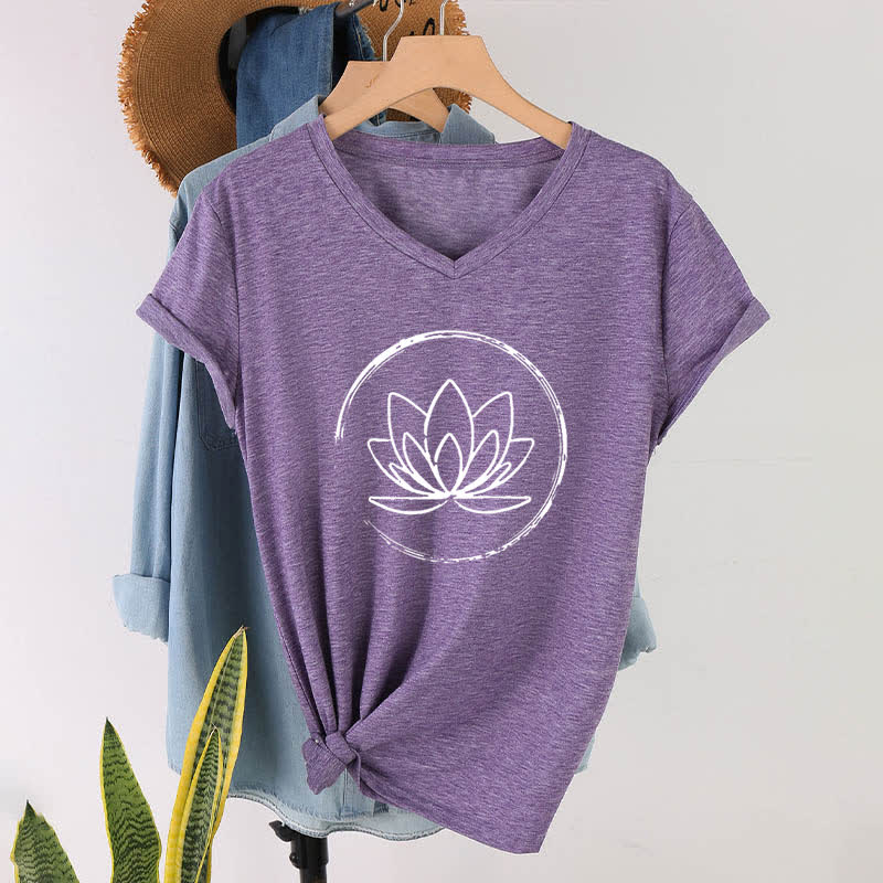 Olivenorma Boho Lotus Flower Loose V-Neck T-Shirt - Purple - 2XL - image 25