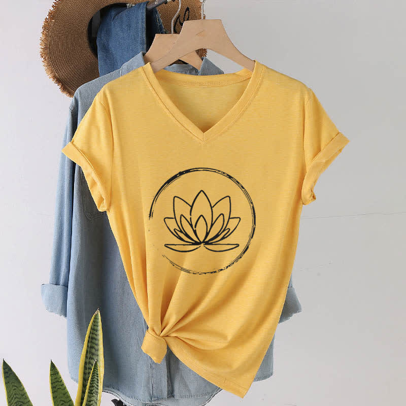 Olivenorma Boho Lotus Flower Loose V-Neck T-Shirt - Yellow - 2XL - image 17