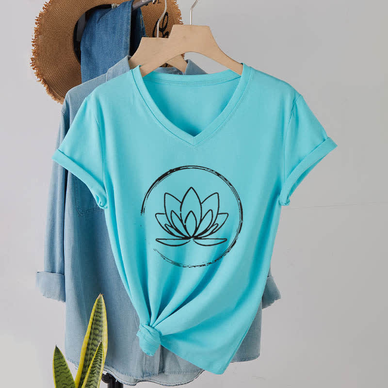 Olivenorma Boho Lotus Flower Loose V-Neck T-Shirt - Lake Blue - 2XL - image 23