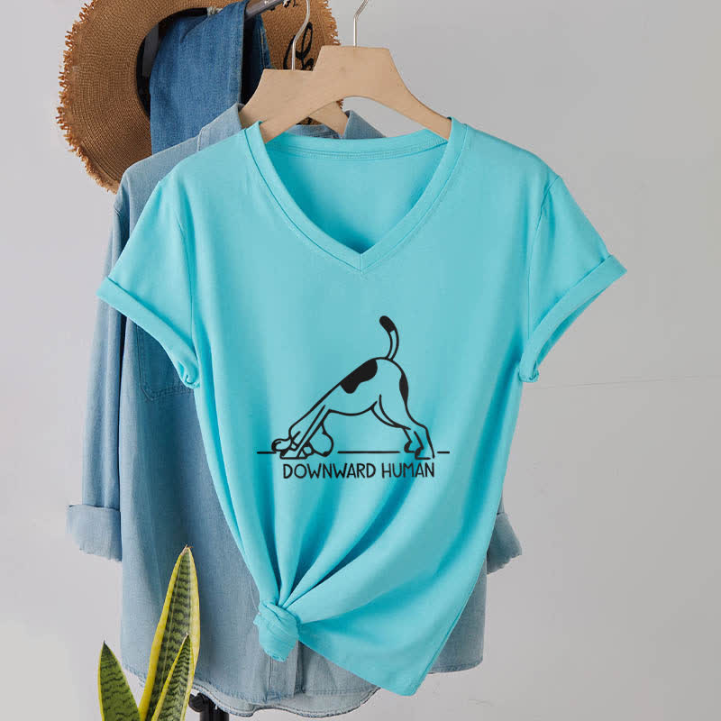 Olivenorma Downward-Facing Dog Yoga V-Neck T-Shirt - Lake Blue - 2XL - image 23