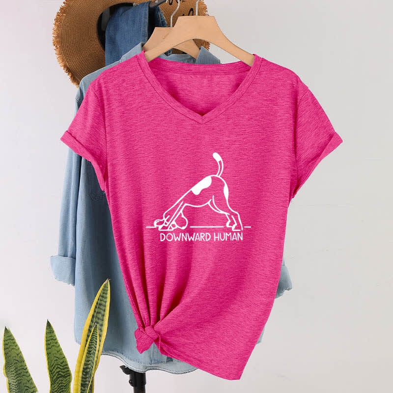 Olivenorma Downward-Facing Dog Yoga V-Neck T-Shirt - Rose Red - 2XL - image 19