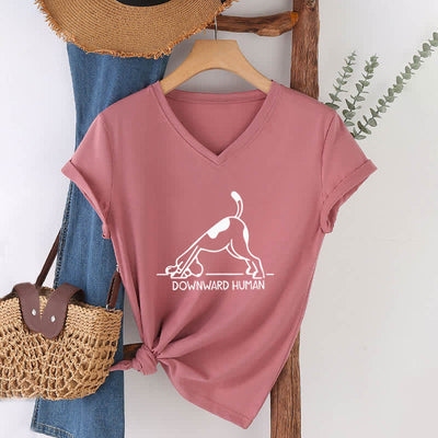 Olivenorma Downward-Facing Dog Yoga V-Neck T-Shirt - Pink - 2XL - image 17