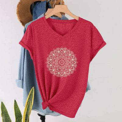 Olivenorma Lotus Flower Geometric Pattern Yoga V-Neck T-Shirt - Red - 2XL - image 1