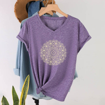 Olivenorma Lotus Flower Geometric Pattern Yoga V-Neck T-Shirt - Purple - 2XL - image 13