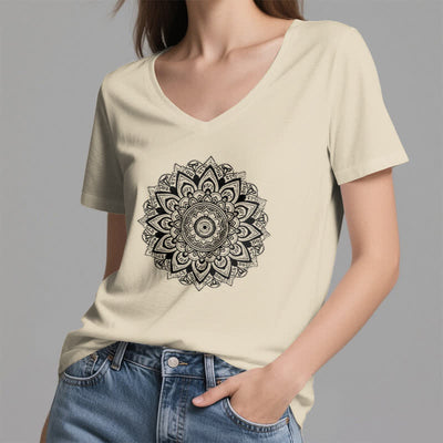 Olivenorma Lotus Flower Geometric Pattern Yoga V-Neck T-Shirt - image 21