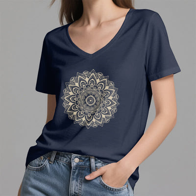Olivenorma Lotus Flower Geometric Pattern Yoga V-Neck T-Shirt - image 24