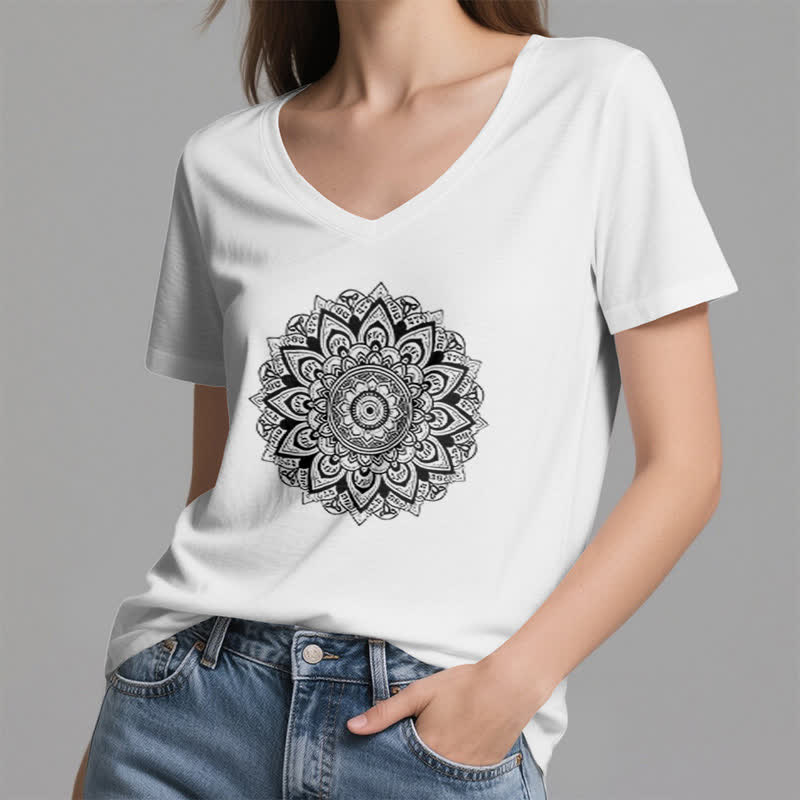 Olivenorma Lotus Flower Geometric Pattern Yoga V-Neck T-Shirt - image 26