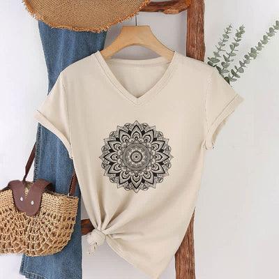 Olivenorma Lotus Flower Geometric Pattern Yoga V-Neck T-Shirt - Khaki - 2XL - image 11