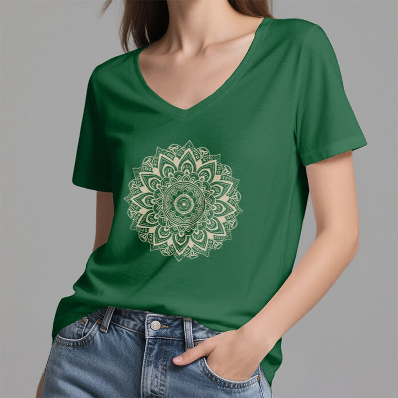 Olivenorma Lotus Flower Geometric Pattern Yoga V-Neck T-Shirt - image 19