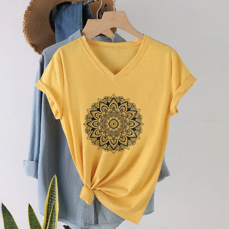 Olivenorma Lotus Flower Geometric Pattern Yoga V-Neck T-Shirt - Yellow - 2XL - image 8