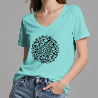 Olivenorma Lotus Flower Geometric Pattern Yoga V-Neck T-Shirt - image 15