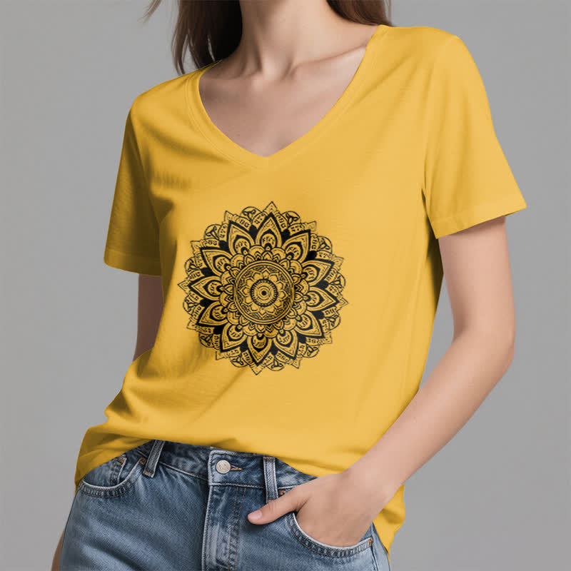 Olivenorma Lotus Flower Geometric Pattern Yoga V-Neck T-Shirt - image 20