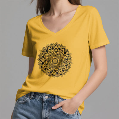 Olivenorma Lotus Flower Geometric Pattern Yoga V-Neck T-Shirt - image 20