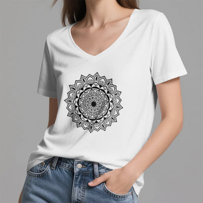Olivenorma Mandala Lotus Boho Flower Yoga V-Neck T-Shirt - image 4