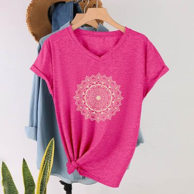 Olivenorma Mandala Lotus Boho Flower Yoga V-Neck T-Shirt - Rose Red - 2XL - image 19