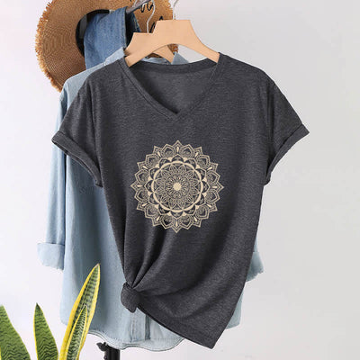 Olivenorma Mandala Lotus Boho Flower Yoga V-Neck T-Shirt - Gray - 2XL - image 1