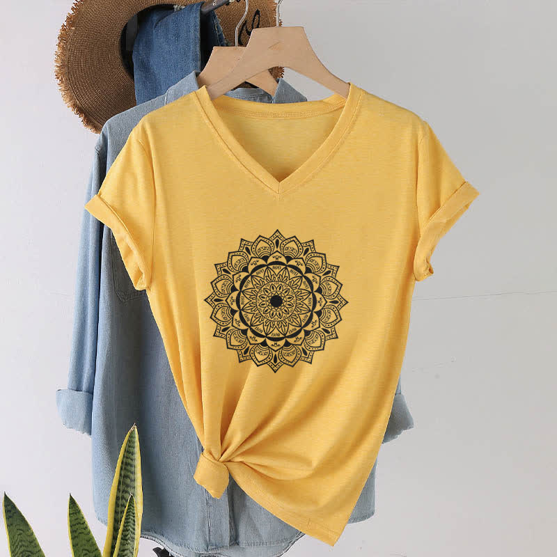 Olivenorma Mandala Lotus Boho Flower Yoga V-Neck T-Shirt - Yellow - 2XL - image 15