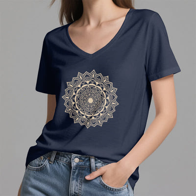 Olivenorma Mandala Lotus Boho Flower Yoga V-Neck T-Shirt - image 6