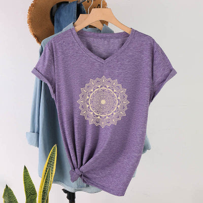 Olivenorma Mandala Lotus Boho Flower Yoga V-Neck T-Shirt - Purple - 2XL - image 25