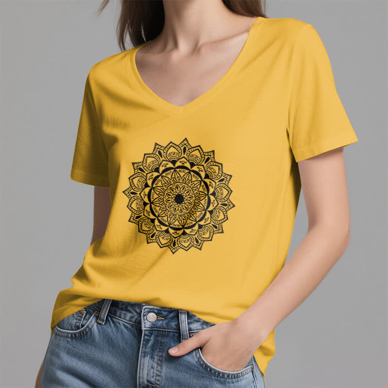 Olivenorma Mandala Lotus Boho Flower Yoga V-Neck T-Shirt - image 16