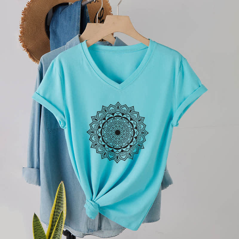 Olivenorma Mandala Lotus Boho Flower Yoga V-Neck T-Shirt - Lake Blue - 2XL - image 23