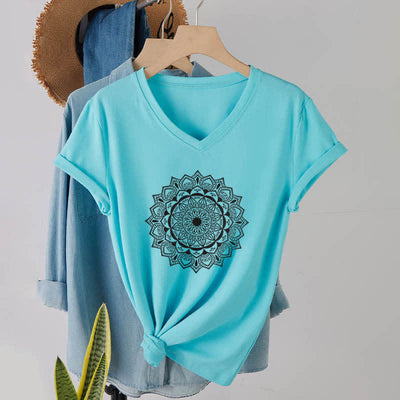Olivenorma Mandala Lotus Boho Flower Yoga V-Neck T-Shirt - Lake Blue - 2XL - image 23