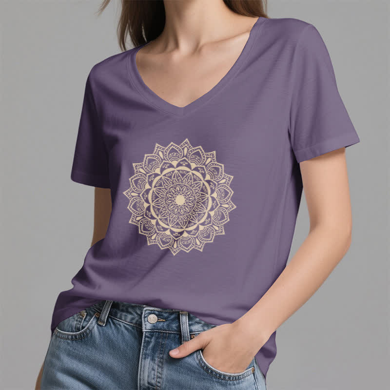 Olivenorma Mandala Lotus Boho Flower Yoga V-Neck T-Shirt - image 26
