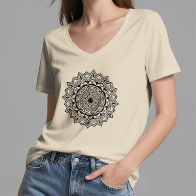 Olivenorma Mandala Lotus Boho Flower Yoga V-Neck T-Shirt - image 22