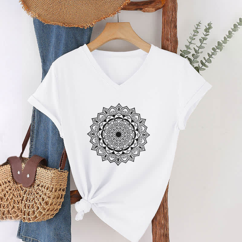Olivenorma Mandala Lotus Boho Flower Yoga V-Neck T-Shirt - White - 2XL - image 3