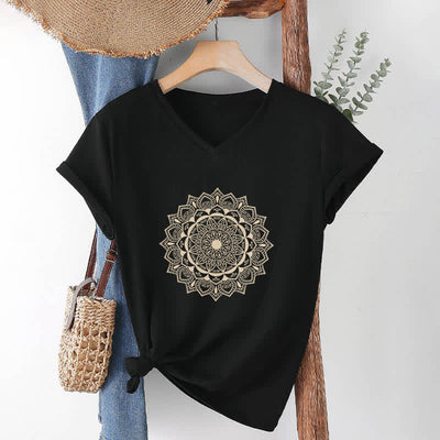 Olivenorma Mandala Lotus Boho Flower Yoga V-Neck T-Shirt - Black - 2XL - image 11