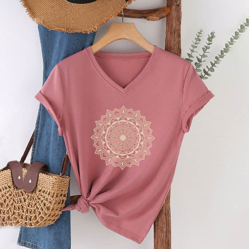 Olivenorma Mandala Lotus Boho Flower Yoga V-Neck T-Shirt - Pink - 2XL - image 17