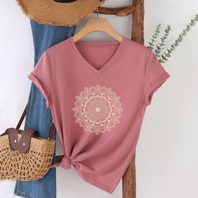 Olivenorma Mandala Lotus Boho Flower Yoga V-Neck T-Shirt - Pink - 2XL - image 17