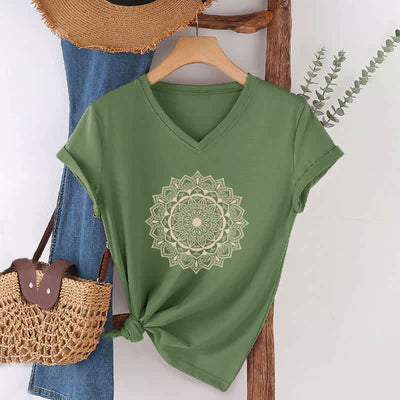 Olivenorma Mandala Lotus Boho Flower Yoga V-Neck T-Shirt - Olive Green - 2XL - image 9